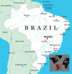 Map of Brazil highlighting major cities, borders with neighboring countries, and inset showing its location in South America