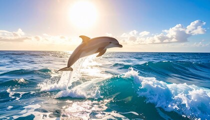 Fototapeta premium Dolphin leaping joyfully from ocean water under a radiant sun in scenic nature beauty