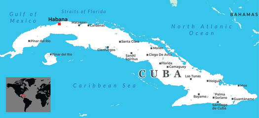 Obraz premium Map of Cuba showing major cities, surrounding seas, and inset highlighting its location in the Caribbean region