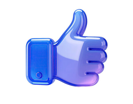 3D rendered, glossy, thumbs-up icon, vibrant blue-purple gradient