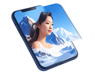 Smartphone with a split screen image of a woman and snow-capped mountains