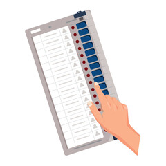 Hand pressing a button on an electronic voting machine with labeled rows and indicator lights