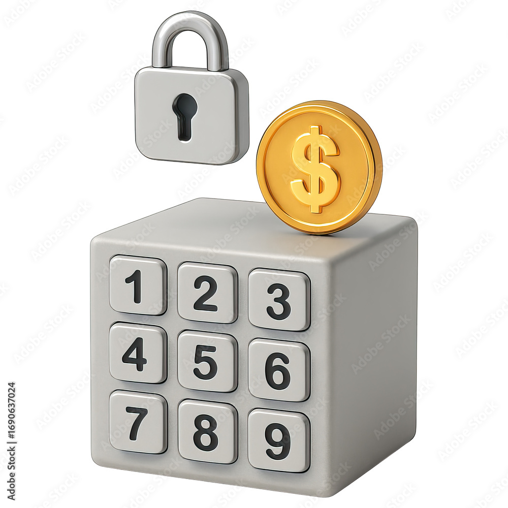 Leinwandbilder silver keypad cube lock coin security concept with numeric buttons and golden dollar coin conveying 