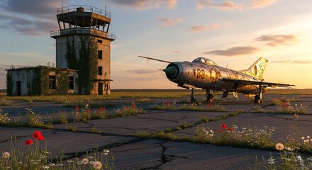 An abandoned, rusty fighter jet stands on a cracked tarmac next to a vine-covered control tower at a derelict airfield, with flowers growing in the cracks.