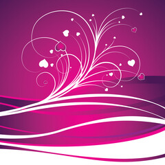 Vector Valentine's Day or Romantic Background with White Floral Swirls, Hearts, Abstract Waves, and Vibrant Magenta Purple Gradient Design