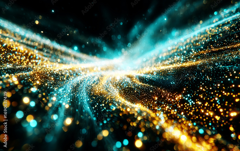 Poster vibrant glowing particles with dynamic light trails in abstract form