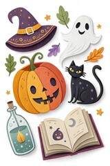 Colorful Halloween Icons Collection with Witch Hat, Pumpkin, and Ghost