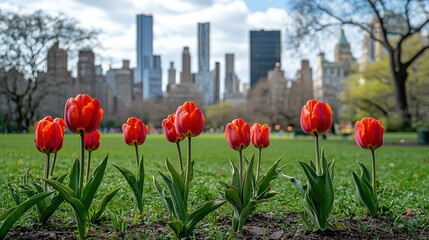 Red Orange Tulips in New York City Park, Spring Blooming Flowers with Blurred Buildings Background, Close-up View
