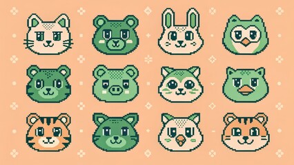 Pixel Art Animal Faces Set for Game Boy Style Artwork