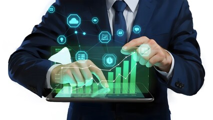 Businessman interacting with a digital tablet displaying a holographic graph and icons.