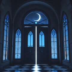 Naklejka premium A mysterious and elegant interior of an old-fashioned room with a beautiful doorway connected to a night sky, with a crescent moon shining through.