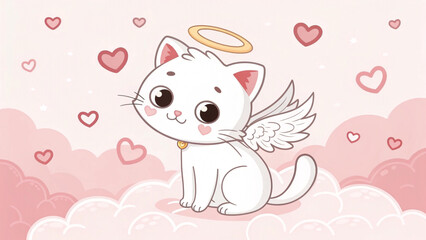 Cute angel cat illustration with wings and halo hearts and clouds valentine's day love kawaii kitty