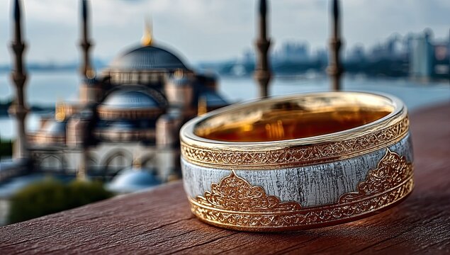 Gold ring, ornate design, Istanbul backdrop