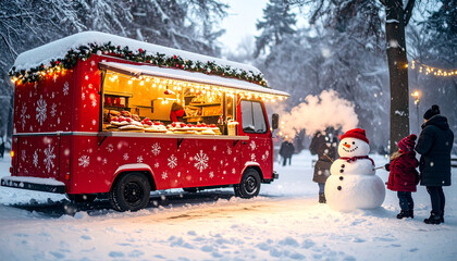 Vibrant red street food vendor brings holiday cheer and warmth to a snow-covered outdoor market, creating a picturesque winter wonderland experience for visitors enjoying the festive atmosphere