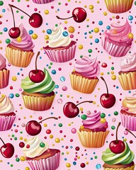 Cupcake seamless pattern, cupcake design with cherries, cupcake background with candy sprinkles, Cute Seamless Cupcake Pattern with Sprinkles and Cherries