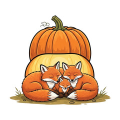 Photo of an adorable family of foxes, two adults and a cub, sleeping peacefully nestled together in front of a large, ripe pumpkin.