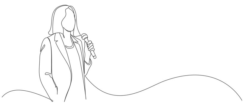 Woman speaking  with a microphone in a continuous line drawing style