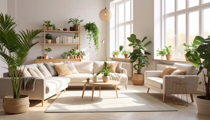 Bright and Airy Living Room with Lush Greenery, Cozy Furnishings, and Natural Light