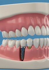 Obraz premium A dental model showcasing teeth with a single implant and a damaged tooth on a blue background