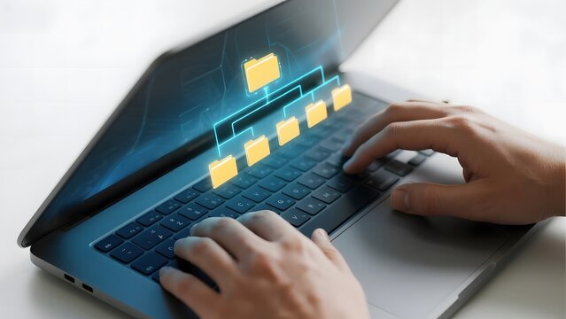 Hands typing on a laptop with a digital file structure overlay on the screen