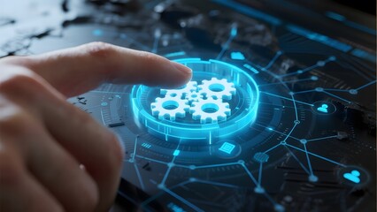 Hand interacting with a digital screen displaying interconnected gears and network nodes.