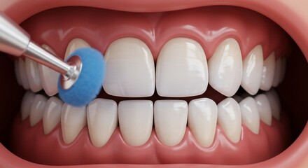 Close up of teeth being cleaned with a blue polishing tool during a dental hygiene procedure