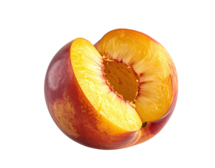 Close-up of a peach halved, showing juicy yellow flesh and crimson blush