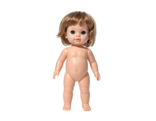 A light-skinned baby doll with short, light brown hair and blue eyes