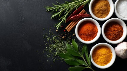 A vibrant display of various spices arranged in small bowls on a dark surface. Each spice brings color and flavor to cooking. Perfect for culinary themes and food styling. AI