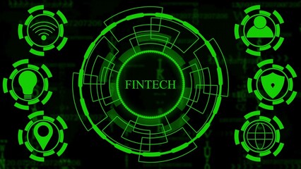 Obraz premium Fintech Digital Interface with Futuristic Icons and Green Data Stream Background financial technology