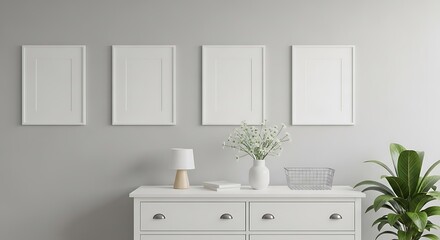 White Pictures on Gray Wall with White Dresser.