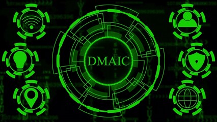 Obraz premium Green digital HUD interface with DMAIC text and icons on a dark binary code background abstract