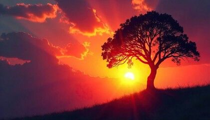 Silhouette of a tree reaching towards a vibrant sunrise, symbolizing upward growth and spiritual awakening A powerful image of hope, aspiration, and inner peace , enlightenment, mindfulness