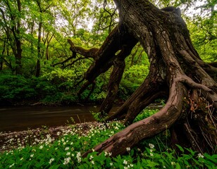 Ancient tree roots by a stream