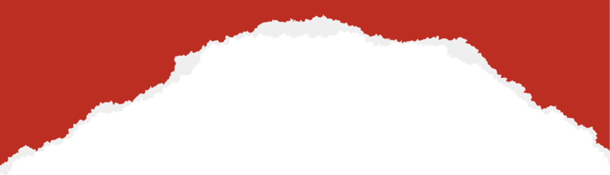 Red paper with frayed torn sides. Piece of sheet for collage art and scrapbook design. Retro-style layout with rough cutouts. Realistic patch detail.