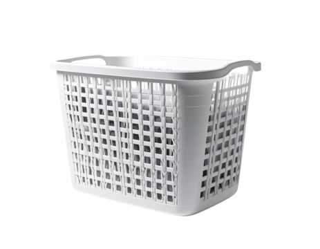 White plastic laundry basket with a lattice pattern