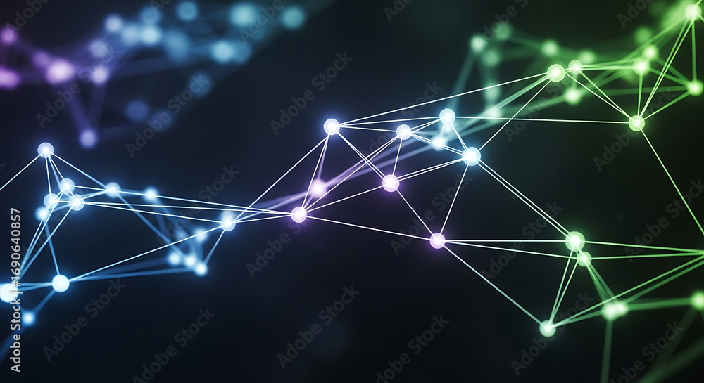 Poster futuristic digital network of glowing nodes and connections with colorful data flow
