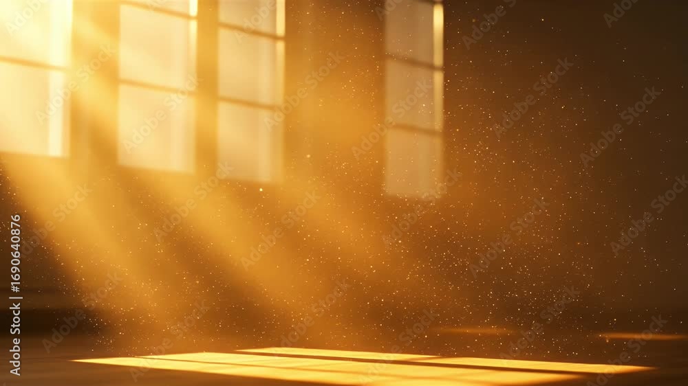 Poster golden sunbeams streaming through a window into a dark, empty room, illuminating floating dust parti