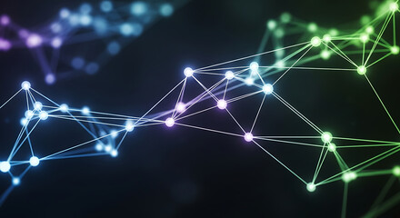 Futuristic digital network of glowing nodes and connections with colorful data flow