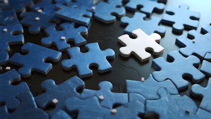 A collection of blue puzzle pieces with one white piece standing out, symbolizing uniqueness or a missing link.