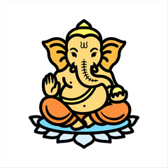 Colorful Vector Line Art Illustration of Lord Ganesha Sitting on Lotus