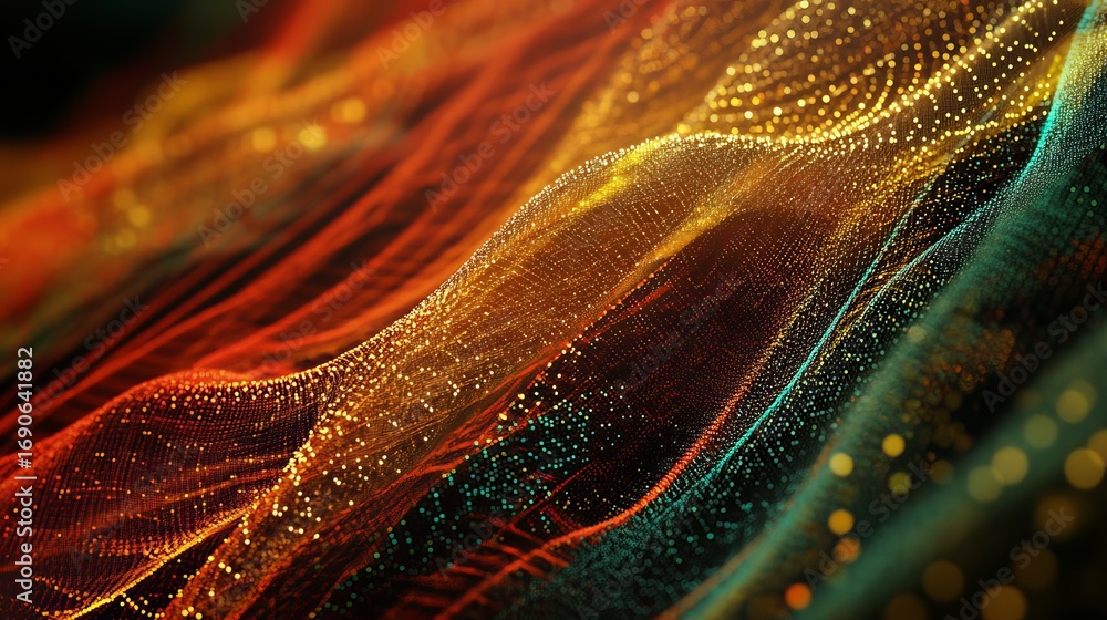 Poster dynamic flowing particles create abstract shimmering waves of warm golden light and cool teal energy
