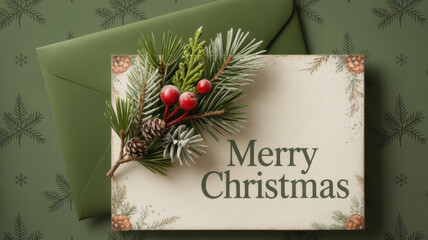 Festive merry christmas card with pine sprig and red berries on a textured green background