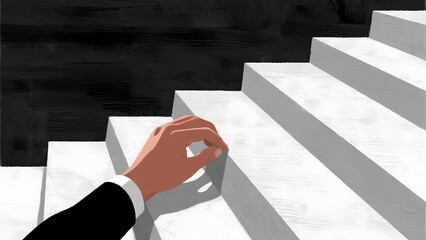 Hand in a suit reaching towards white steps against a dark background