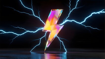 A vibrant, multi-colored lightning bolt sculpture illuminated by dynamic blue electric arcs against a dark background.