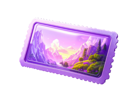 Purple framed landscape image,  snowy mountains, vibrant colors