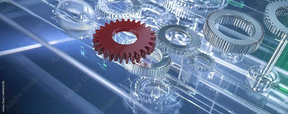 Poster a close-up view of interconnected gears, highlighting a prominent red gear against a backdrop of tra