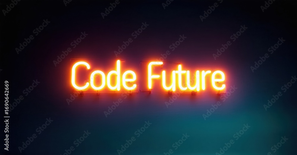 Poster bright neon sign displays code future. dark background creates dramatic lighting effect. simple mess