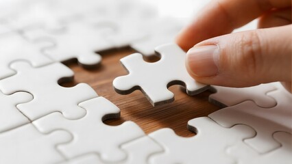Hand placing a puzzle piece into a nearly completed white jigsaw puzzle
