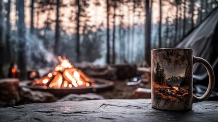A cozy campsite scene featuring a warm campfire, surrounded by trees, with a reflective mug resting on a stone surface.